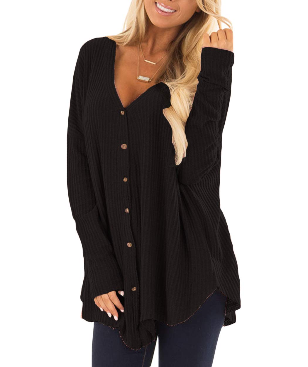Eanklosco Tie Knot Tops Womens Waffle Knit V Neck Blouse Button Down Long Sleeve Henley Shirt (Black, M)