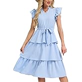 AIWUFLY Women's Ruffle Sleeve Tiered Midi Dress V Neck Belted Flowy Layered Summer Sundress