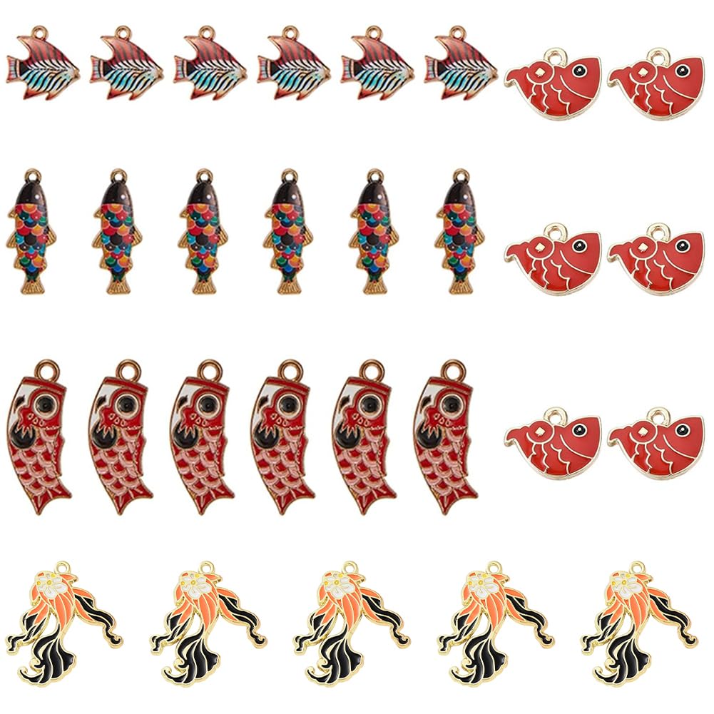 SUNNYCLUE 1 Box 30pcs 5 Styles Enamel Fish Charms Alloy Goldfish Tropical Fish Blue Koi Fish Charms Pendants for DIY Jewellery Necklace Bracelet Earring Crafts