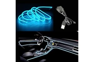Maxlaxer El Wire Ice Blue Interior Car LED Strip Lights, 2M Neon Wire USB 5V with Fuse Protection for Automotive Interior Decoration, with 6mm Sewing Edge