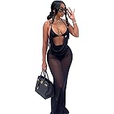 PWMENLK Women's Sexy Dress, Halter Neck Tie V-Neck Backless Long Dress, Sleeveless Mesh Transparent Slim-Fit Dress