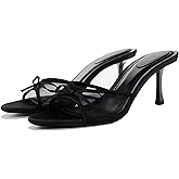 YIYA Women's Leopard Print Mules Heels with Bow Open Round Toe Stiletto High Heels Party Dress Slip On Backless Sandals