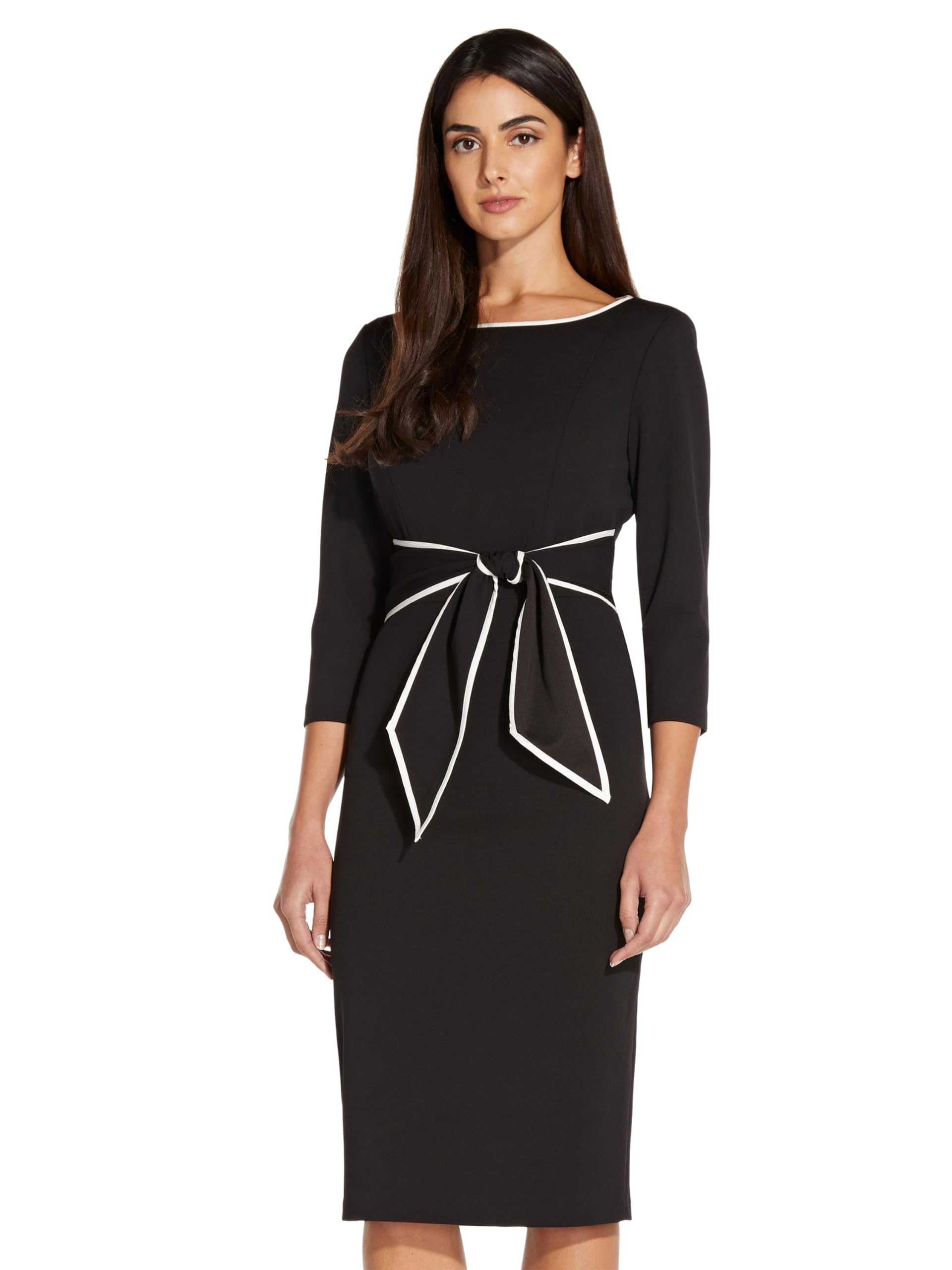 Adrianna Papell Women’s Plus Size Tipped Crepe Tie Dress, Black/Ivory