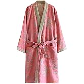 Cotton Double Gauze Traditional Hanfu Midi-length Nightdress Printing Tie-belt Bathrobe Loose Pajamas Comfortable Nightgown Sweat Steaming Yukata Sauna Suit Sleepwear Kimono for Women Large(Pink Bird)
