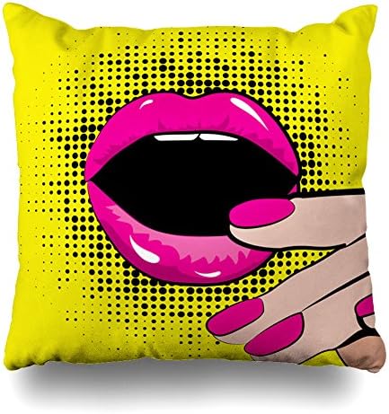 Kutita Decorativepillows Covers 18 x 18 inch Throw Pillow Covers,Pop Art Excited Woman Lips Amp Hand Illustr Pattern Double-Sided Decorative Home Decor Pillowcase Garden Sofa Bedroom Car