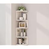 FRAWENLECO No-Drill Corner Shelf Wall Mount, 5-Tier Floating Corner Bookshelf with Hooks, Space-Saving Zigzag Plant Shelf for