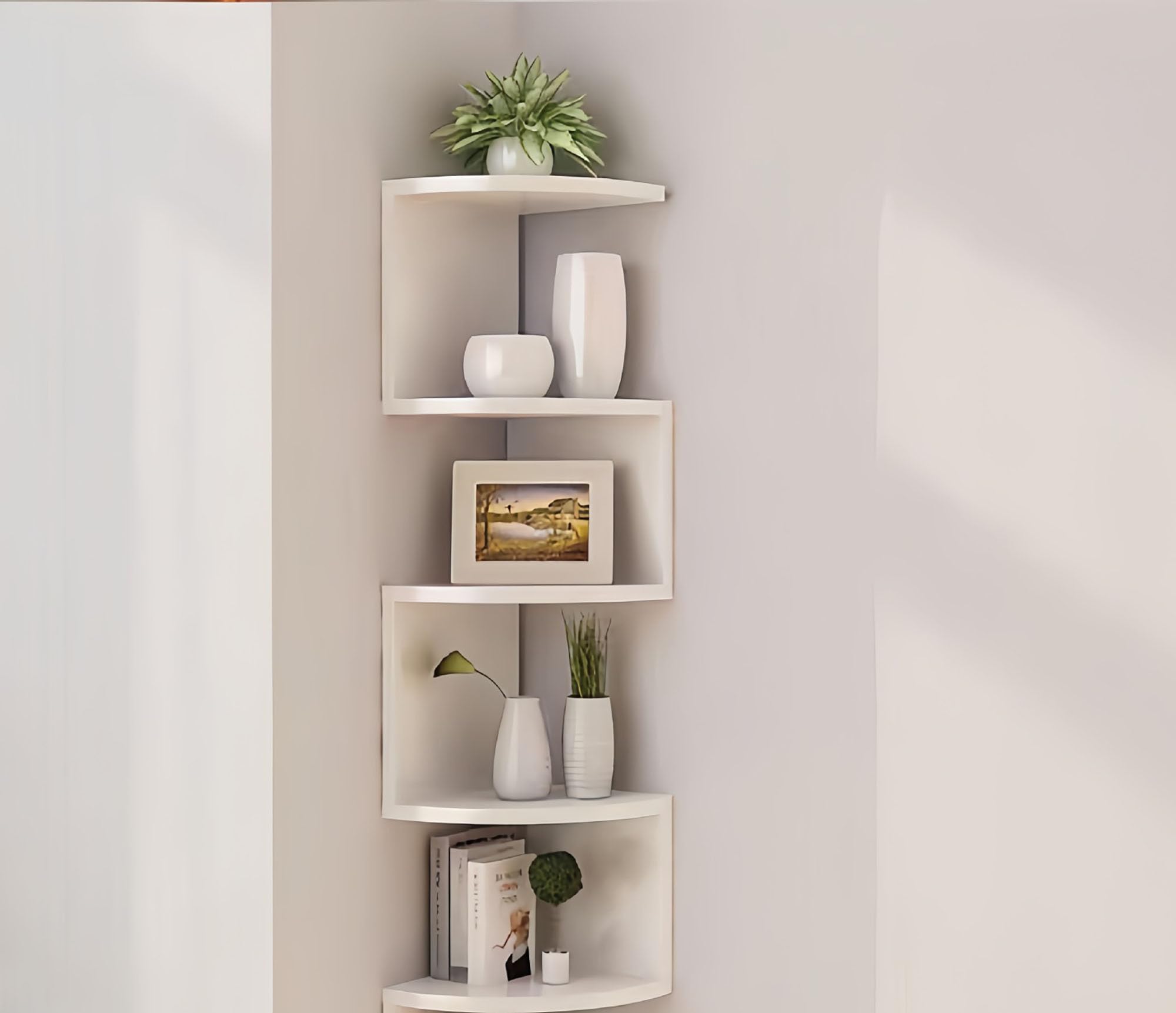 Photo 1 of FRAWENLECO No-Drill Corner Shelf Wall Mount, 5-Tier Floating Corner Bookshelf with Hooks, Space-Saving Zigzag Plant Shelf for Bedroom, Living Room, Bathroom, Home Office