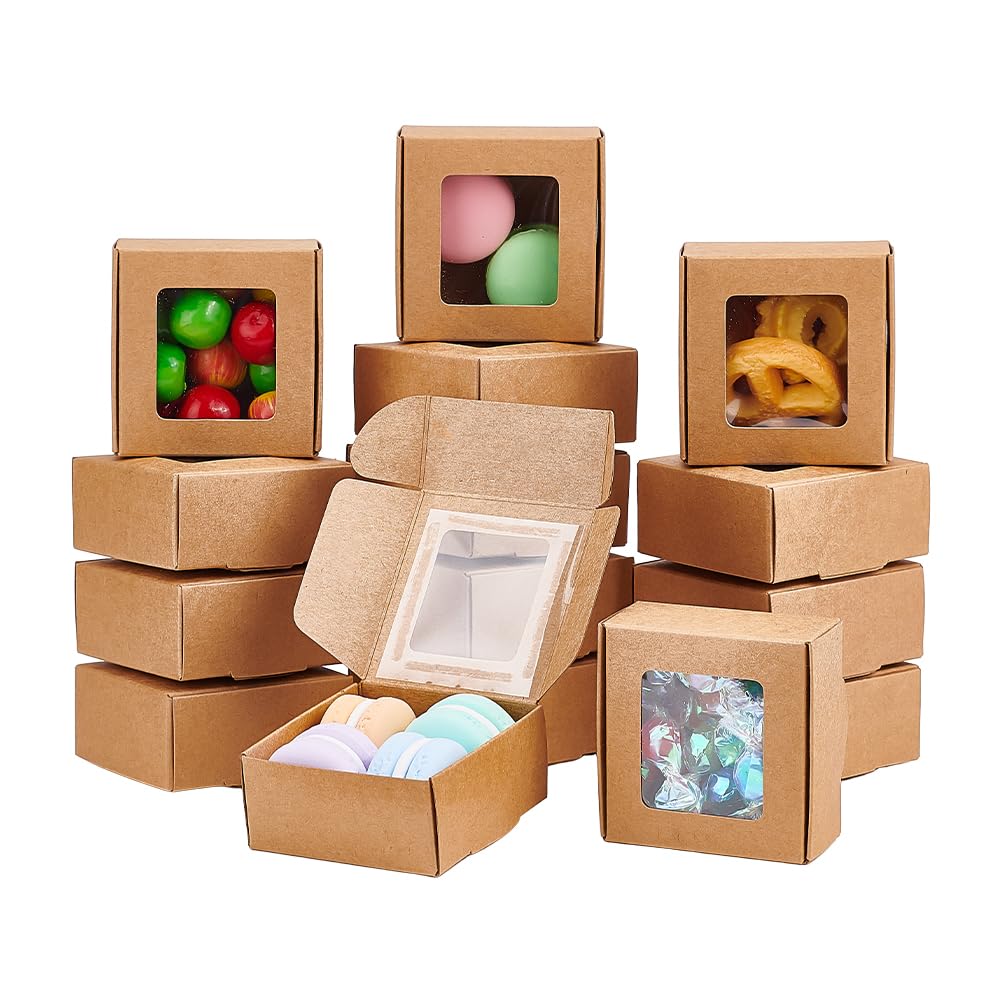 BENECREAT 30 Packs 2.5x2.5x1.2inch Square Brown Kraft Paper Boxes Gift Candy Boxes with Clear Window for Wedding Party Favor Treats, Bakery and Jewelry, Festival Gift Packaging