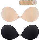 KISWON Silicone Adhesive Push Up Strapless Bra Invisible Backless Sticky Bra with Nipple Covers for Women