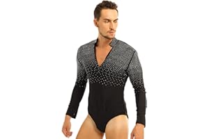 Hansber Men's V-Neck Shiny Rhinestones Dance Shirts Figure Skating Bodysuit Leotard Ballroom Latin Tango Dance Costume