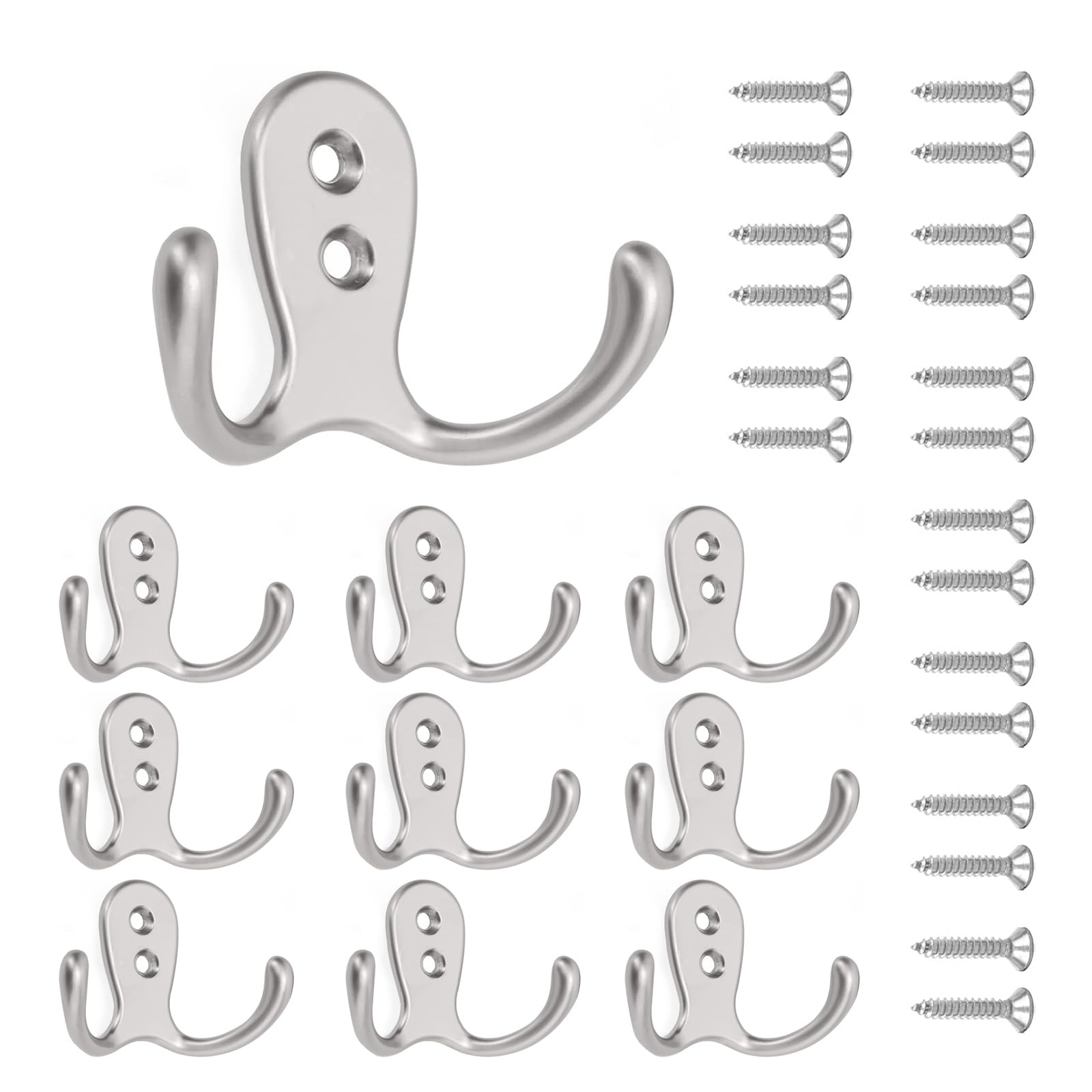 chongning 10 PCS Double Prong Coat Hooks - Chrome Wall Mounted Hooks with 20 Screws | Vintage Metal Robe Hooks for Bathroom, Bedroom, Kitchen (Silver, Heavy-Duty)