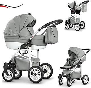 16 teiliges Qualitäts-Reisesystem 3 in 1"COSMO-ECO" - KUNSTLEDER: Kinderwagen + Buggy + Autokindersitz + Schwenkräder - Mega-Ausstattung - in Farbe (CE-20) GRAU KUNSTLEDER-WEIß