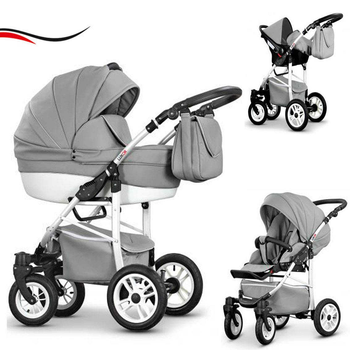 16 teiliges Qualitäts-Reisesystem 3 in 1"COSMO-ECO" - KUNSTLEDER: Kinderwagen + Buggy + Autokindersitz + Schwenkräder - Mega-Ausstattung - in Farbe (CE-20) GRAU KUNSTLEDER-WEIß
