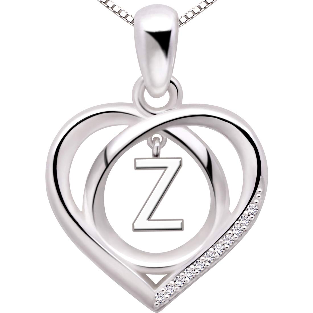 ALOV Jewelry Sterling Silver Initial Letter Alphabet Love Heart Cubic Zirconia Pendant Necklace (Z)