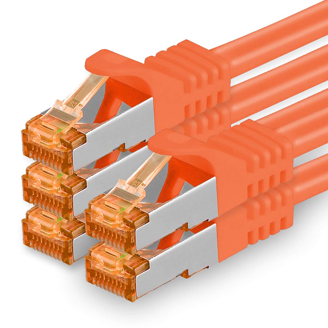 1aTTack.de 1.5 m - Cat.7 Network Cable Orange - Pack of 5 Gigabit Ethernet LAN Cable 10000 Mbit S Patch Cable Cat7 Cable S FTP PIMF Shielding LSZH Cat.7 Raw Cable RJ45 Connector Cat 6a - 5 x 1.5 m