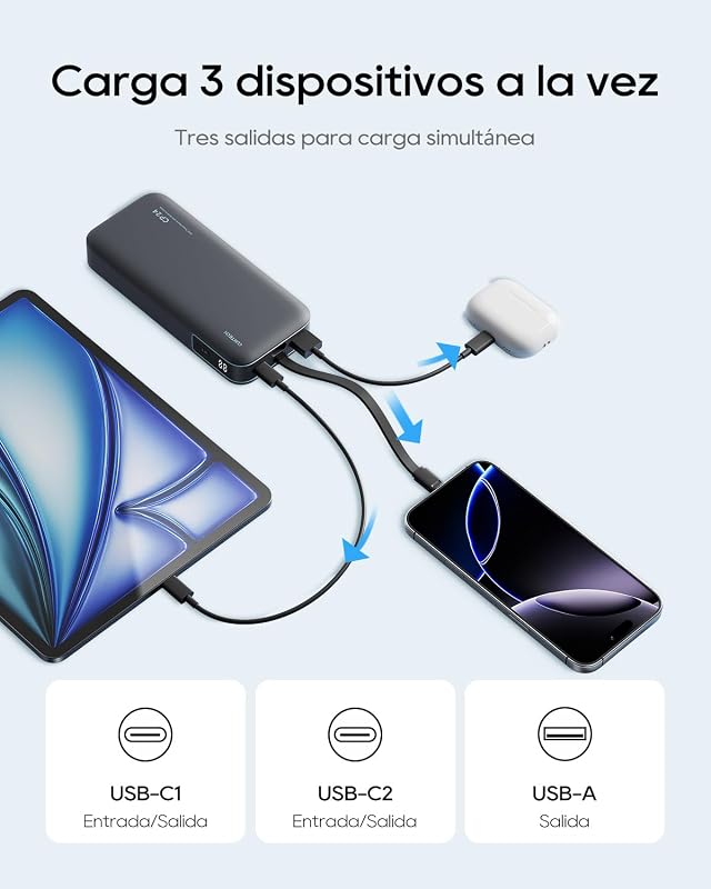 Power Bank 20000mAh Batería Externa Carga Rápida 40W Cable USB C Integrado PD3.0 Cargador Portátil LED Compatible con iPhone 17/16/15, Samsung S24/S25, Xiaomi, iPad