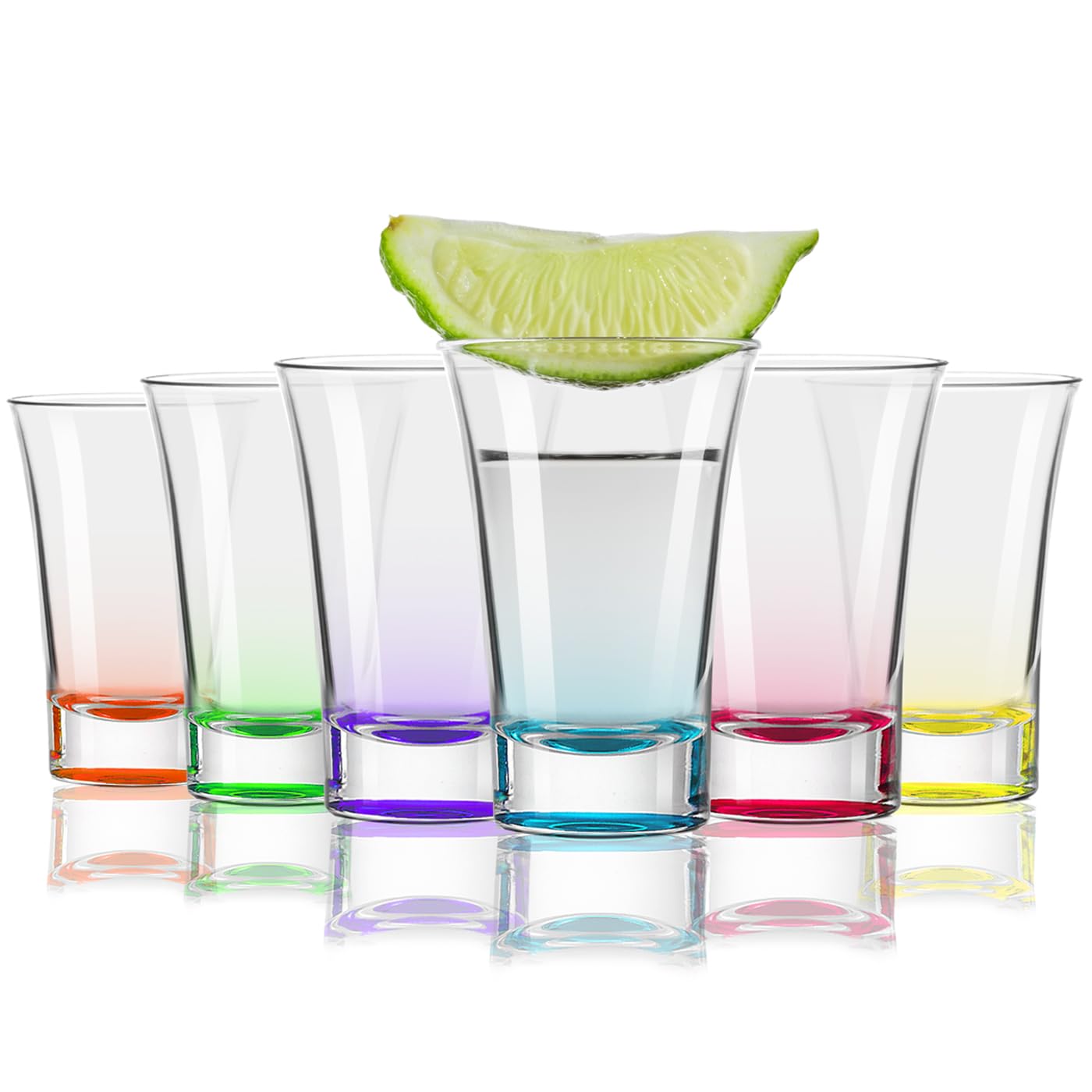 Flow Barware Shot Glasses | Coloured Heavy Base Shot Glass Set of 6 | 50ml Stackable Coloured Shot Glass Set for Vodka, Tequila, Whisky Shots | Multicoloured Shooter Sets