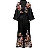 Flwydran Women's Silky Satin Kimono Robe,Long Floral Print Bathrobe, Bridesmaid Wedding Sleepwear