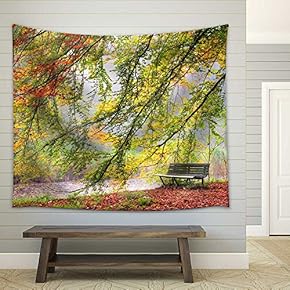 Beautiful Autumn View of a Bench Under a Bright Colored Autumn Tree - Fabric Wall Tapestry Home Decor - 51x60 inches