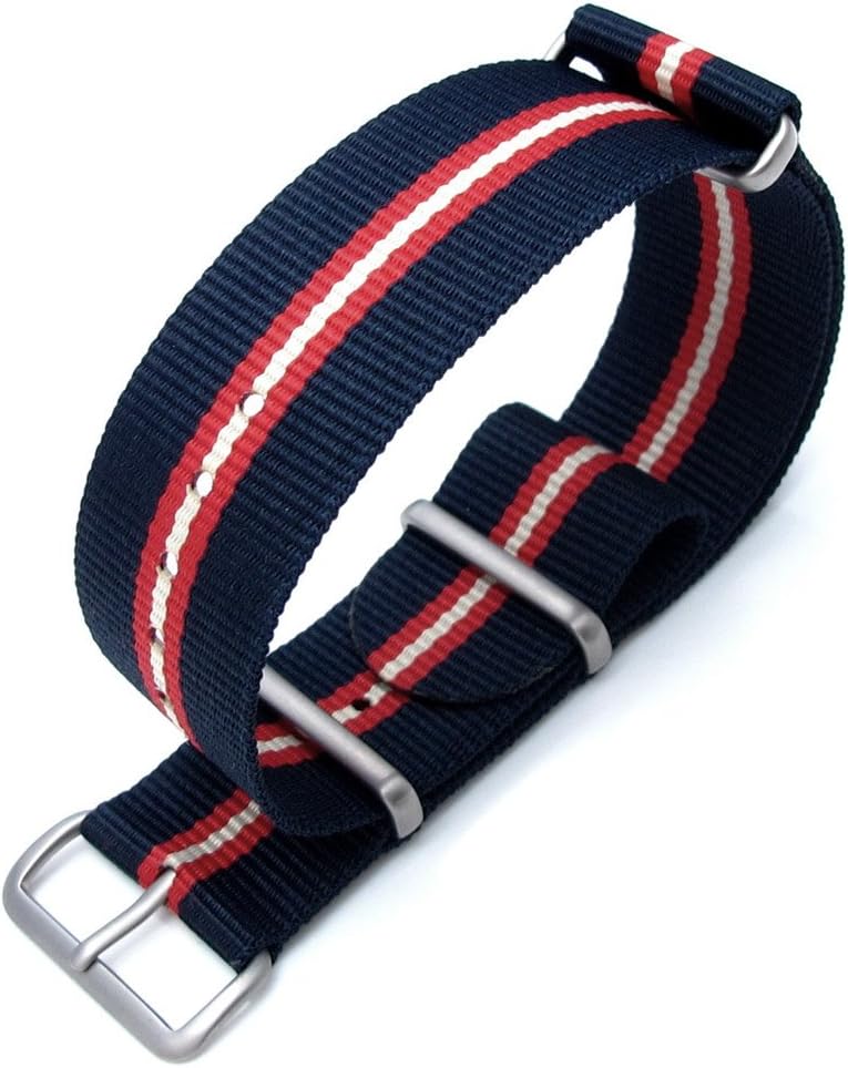 MiLTAT 20mm NATO Watch Strap G10 Ballistic Nylon, Brushed Hardware, Blue, Red, Beige