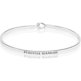 SM Inspirational Positive Message Engraved Thin Cuff Bangle Bracelets for Women (PEACEFUL WARIOR - Silver)