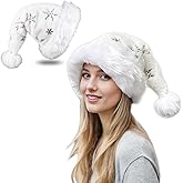 JBRQUEY Black Snowflake Sequin Santa Hat White Christmas Hat for Women Men, Soft Plush Velvet Xmas Hats for Adults Santa Claus Hats New Year Costume Party Decorations