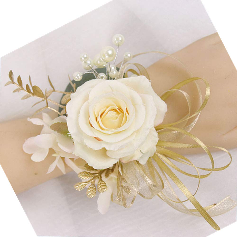 Photo 1 of USIX 2pc Pack-Handmade Artificial Flower Rose with Gold Leaves Ribbons Artificial Pearls Wrist Corsage Hand Flower with Elastic Wristband for Girl Bridesmaid Wedding Party Prom (Wrist Corsage)