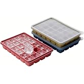 Silicone Ice Cube Trays with Lid, Set of 3, Easy Release Ice Molds, Reusable and Stackable Ice Trays for Freezer for Cocktail, Whiskey, Baby Food, BPA Free (Multicolour 3 Pack)