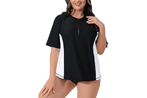 Halcurt Women's Plus Size Short Sleeve Rash Guard Swimsuit Top with Built in Bra Swim Shirt UPF50+ Bathing Suit
