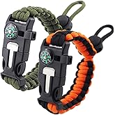 ZHIYE Survival Paracord Bracelet Flint Fire Starter Scraper Compass Wilderness Survival Whistle Adjustable Wristband 2Pack Black&Armygreen