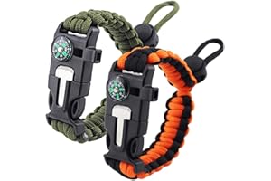 ZHIYE Survival Paracord Bracelet Flint Fire Starter Scraper Compass Wilderness Survival Whistle Adjustable Wristband 2Pack Black&Armygreen