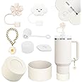 Stanley Cup Accessories Set,Including 2 Pcs 0.4in Straw Cover, 1 Silicone Spill-Proof Stopper Set of 3, 1 Cute Flower Handle Charm, 1 Silicone Boot Fits Stanley 40&30 Oz Tumbler (Cream)