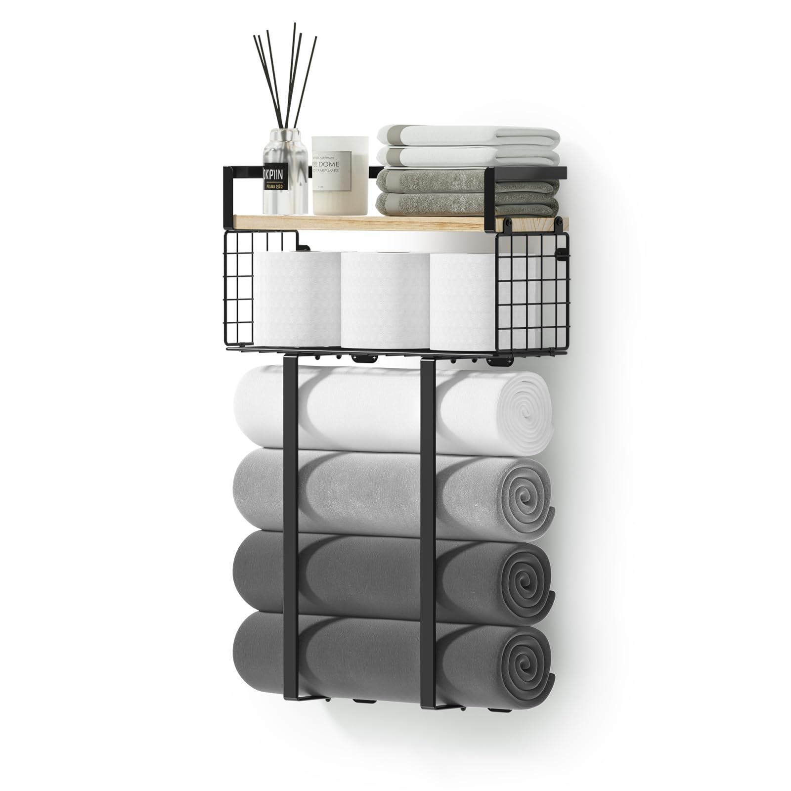 Photo 1 of Towel Racks for Bathroom, Metal Towel Holder with Storage Basket,Wall Towel Rack for Rolled Towels, Towel Storage for Small Bathroom.