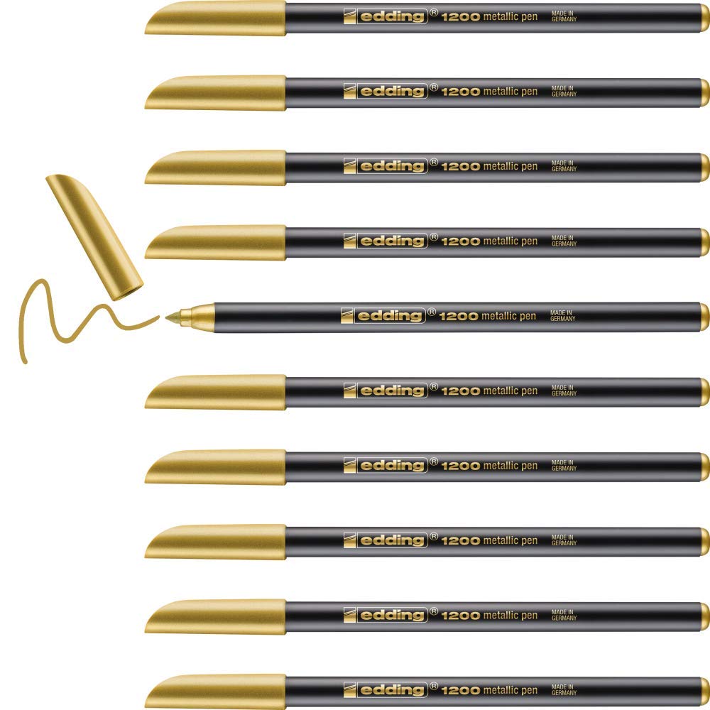 edding 1200 metallic colour pen - gold - 10 pens - round nib 1-3 mm - glitter metallic marker for writing, drawing and sketching - for guests books, card making, DIY photo albums and scrapbooking