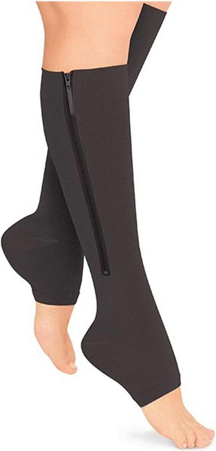Starmace Open Toe Zipper Compression Grade Leg Circulation Reduce Fatigue Swelling Medical Recovery Support Stockings Socks (S/M, Black)