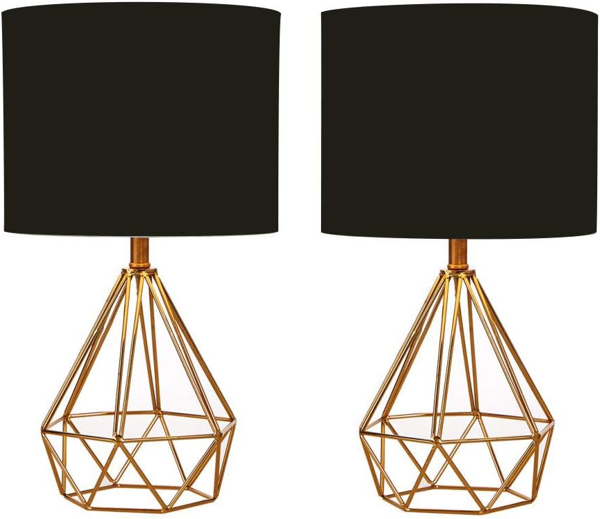SEVETILKA Black Unique Base Livingroom Bedroom Bedside Table Lamp,Round Black Fabric Lampshade Black Table Lamps