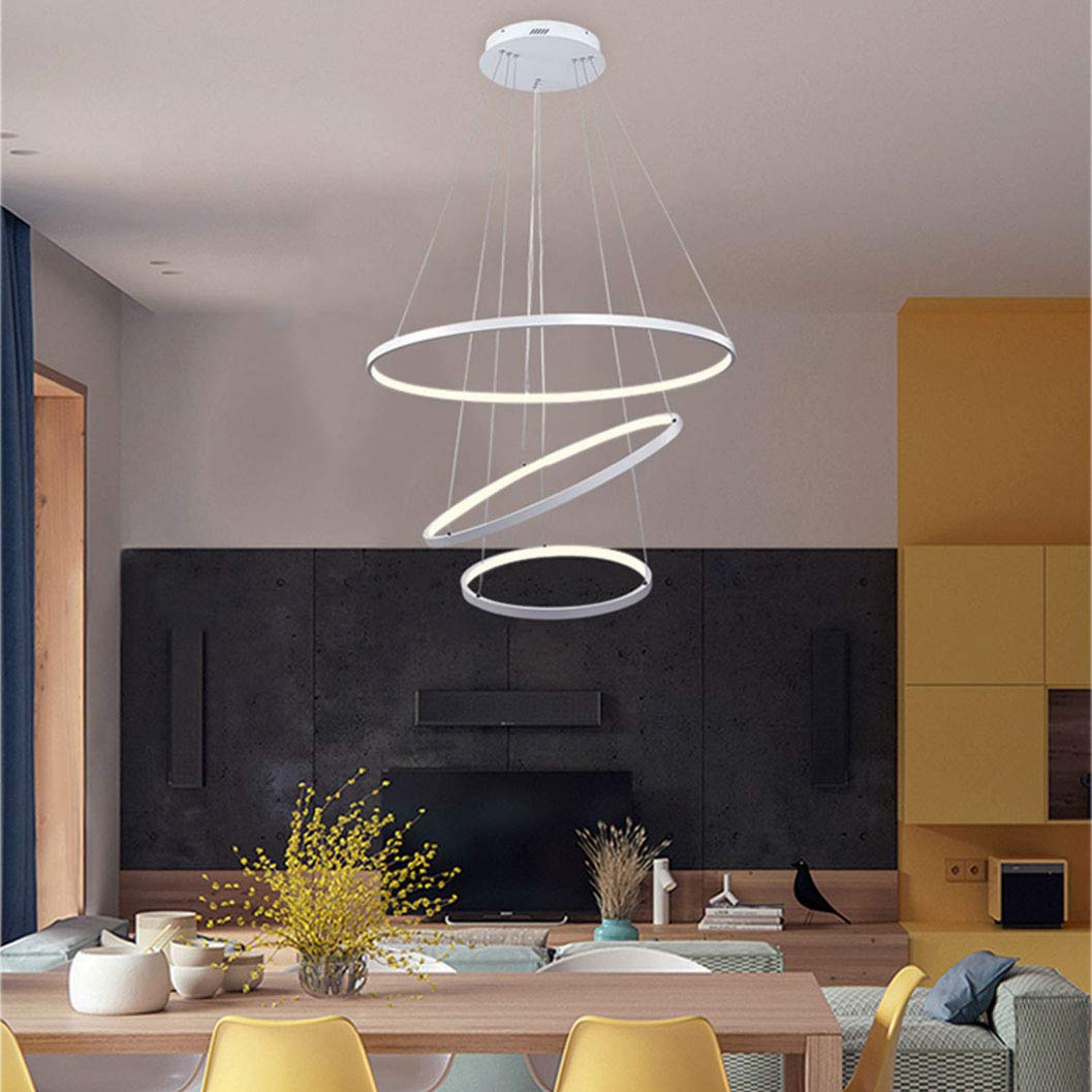Modern LED Pendant Lights, Metal Chandelier Height Adjustable 3 Rings (30+45+60cm) Hanging Lights, Dimmable Ceiling Light Remote Control for Bedroom Dining Room Restaurant Chandelier (White)