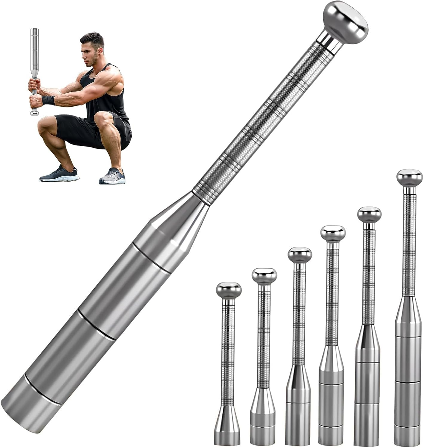 Photo 1 of Motion Space Adjustable Macebell Clubbell for Strength Training, 6/8-in-1 Premium Steel Indian Club for Full Body, Muscles, Shoulder, Grips & Forearms Workouts to Stretching (Silver-17.5lbs)