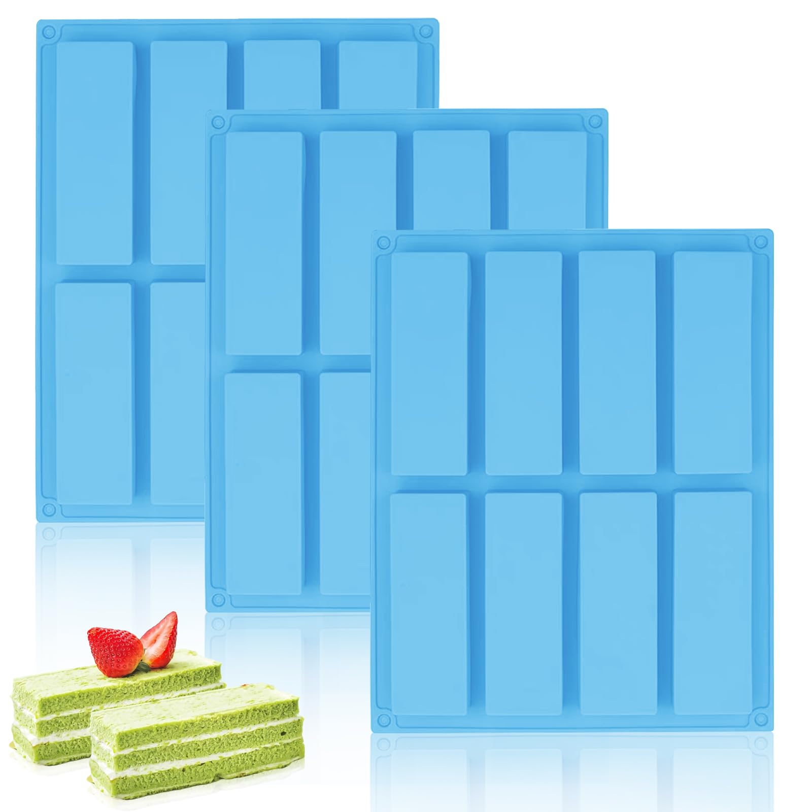 Chocolate Bar Moulds, 3 Pcs Rectangle Silicone Mould, 8 Cavity Nutrition Energy Cereal Bar Moulds Large Rectangle Granola Bar Silicone Mould for Protein Candy Fudge Bars(Blue)