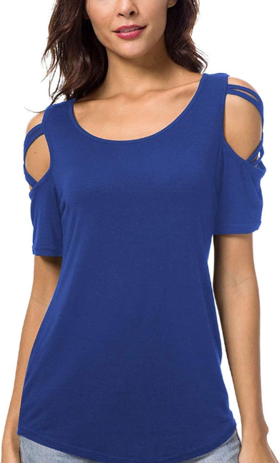 Women's Off Shoulder Cold Shoulder Short Sleeve Color Blouse Loose