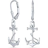 Tropical Beach Vacation Honeymoon Simple Nautical Boat Ship Wheel Anchor Dangle Earrings Lever Back For Women Teen Yellow 14K Gold Plated .925 Sterling Silver