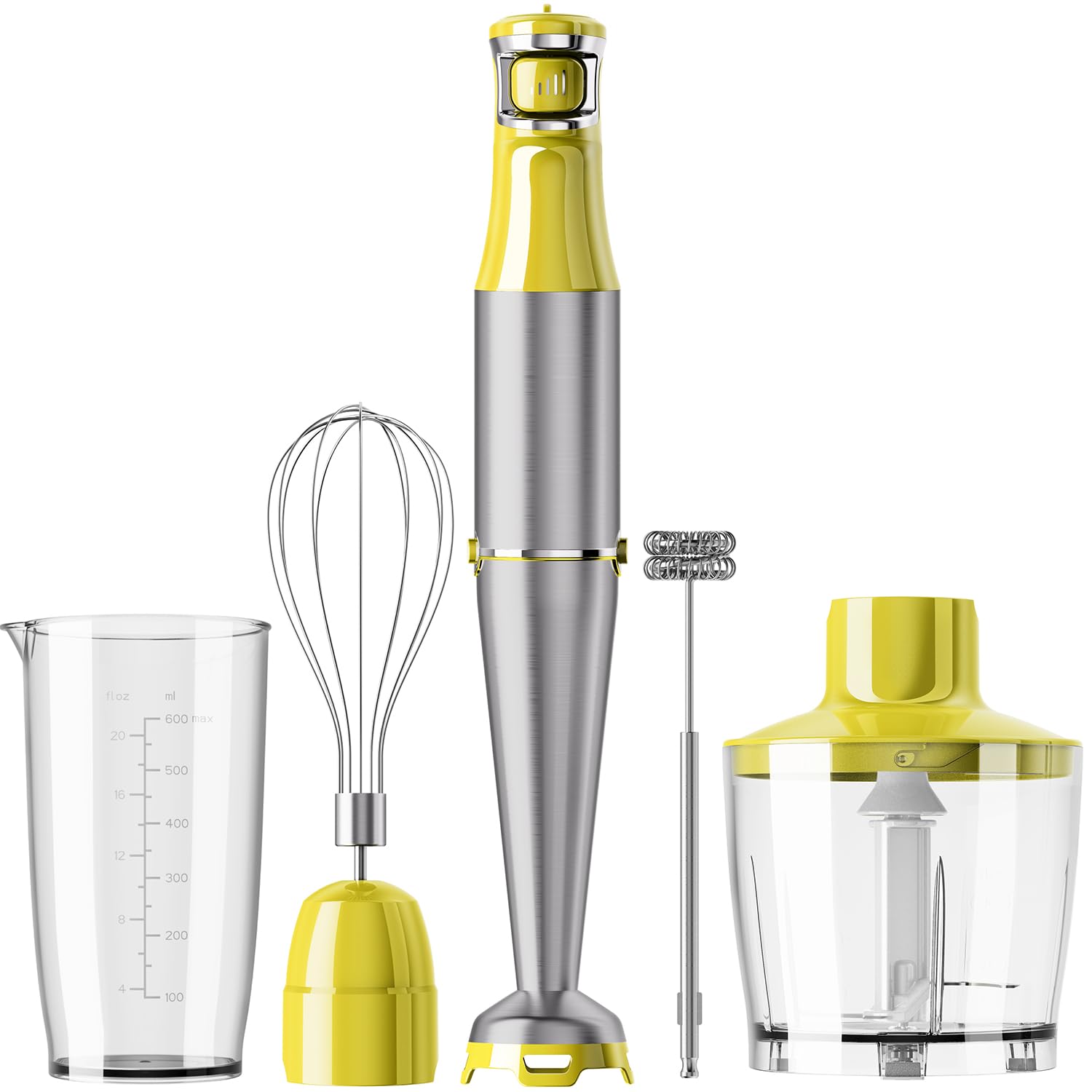Immersion Blender Handheld Corded Hand Blenders Set 1100W, Trigger Variable Speed 5 in 1 Stick Emulsifier with Chopper, Whisk and Frother for Soup, Baby Food and Smoothies, Yellow Image