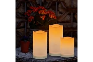JOHOO Solar Candles Outdoor Waterproof Set of 3 Flameless Pillar Candles with Flickering LED, 3’’x4‘’/5‘’/6’’