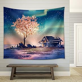 Abandoned House and Fantasy Tree Lights Under Northern Lights,Illustration Painting - Fabric Wall Tapestry Home Decor - 51x60 inches