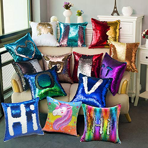 URSKYTOUS Reversible Sequin Pillow Case Decorative Mermaid Pillow Cover Color Changing Cushion Throw Pillowcase 16" x 16",White and Dark Blue - Thumbnail 7