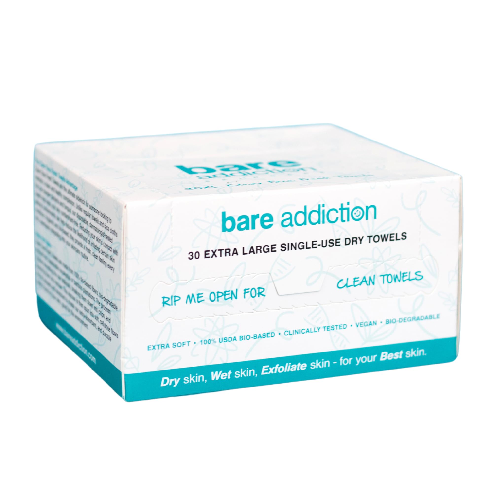 Bare Addiction 30 XL Clear Face Fresh Towels - Hygienic & Eco-Friendly Face Towels For Acne Prone & Sensitive Skin - Great For Makeup Removal - Ultra Soft - Biodegradable Clean Materials
