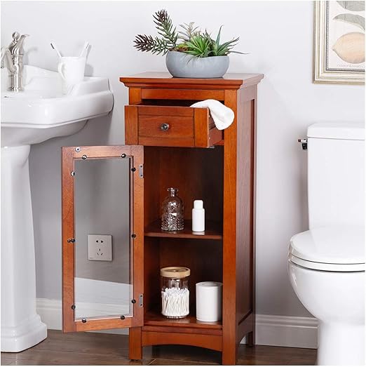 Amazon Com Glitzhome 34 33 Inch Wooden Floor Storage Cabinet Free Standing Cabinet With Glass Door And Drawer For Bathroom Living Room Bedroom Home Kitchen