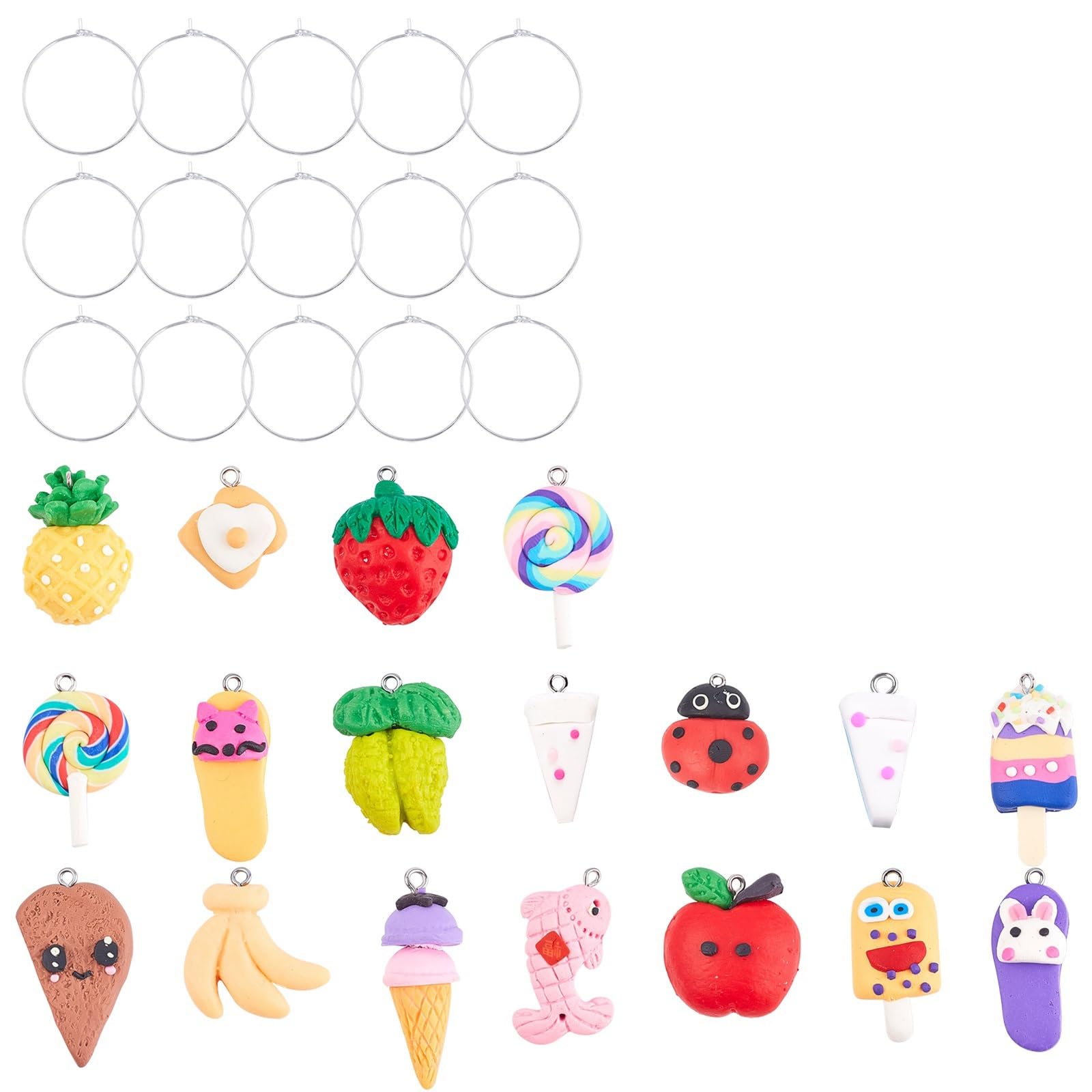 SUNNYCLUE 1 Box 18 Styles Wine Glass Charms Tags Identifiers Markers Cake Ice Cream Lollipop Slippe Bunny Strawberry Banana Pendants & 18Pcs Hoop Earrings Findings for Party Favors Family Gathering