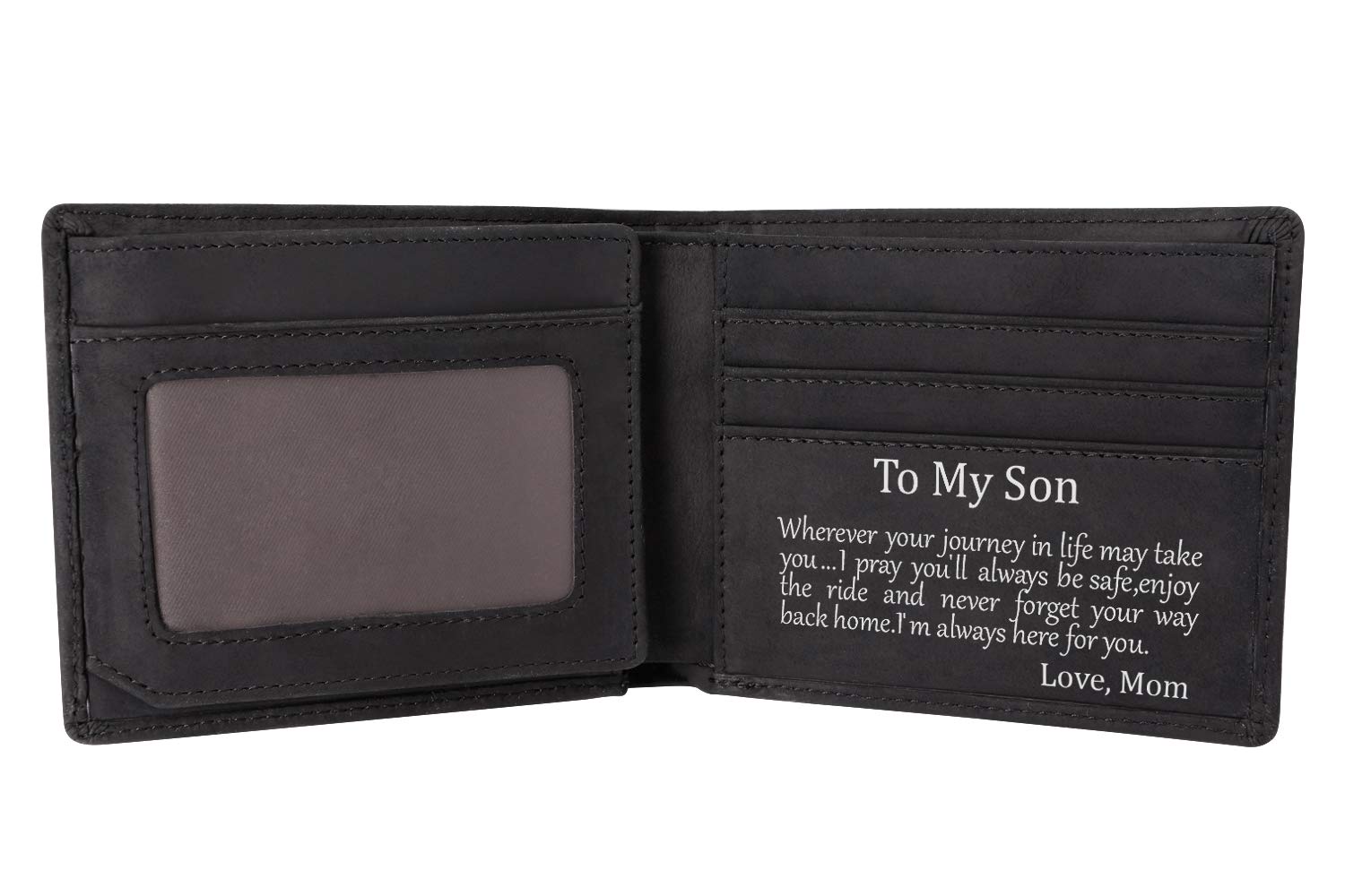 Kenon Personalized Leather Wallet for Son, Engraved RFID Blocking Bifold Stylish Wallet for Son Birthday Christmas Gifts (Black-for Son from Mom)