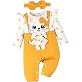 ODIMAME Baby Girl Clothes Newborn Romper Cute Cat Ruffled Long Sleeve Love Fall Winter Outfits with Bow Headband 0-18 Months